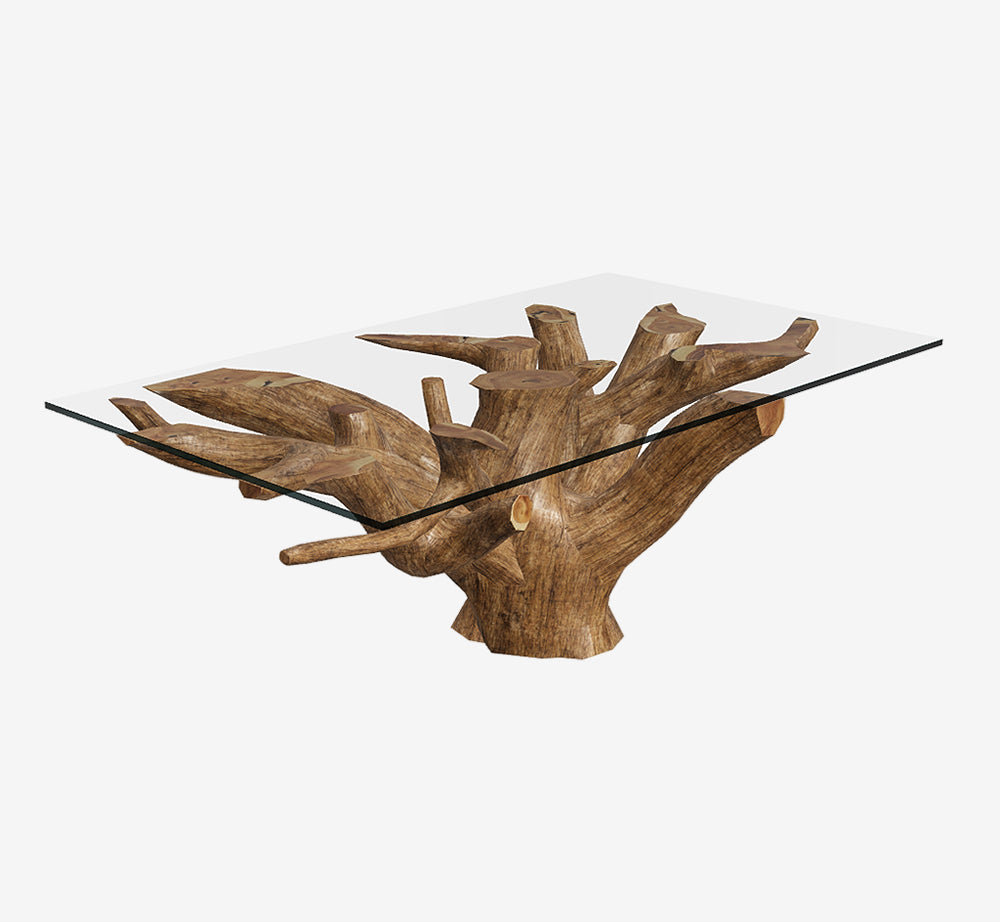 Hand-Carved Natural Teak Root Coffee Table with Square Glass Top - Unique Organic Driftwood Living Room Centerpiece