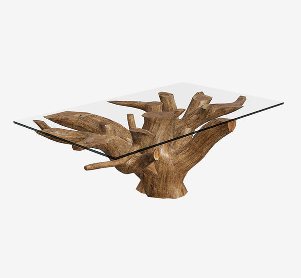 Hand-Carved Natural Teak Root Coffee Table with Square Glass Top - Unique Organic Driftwood Living Room Centerpiece