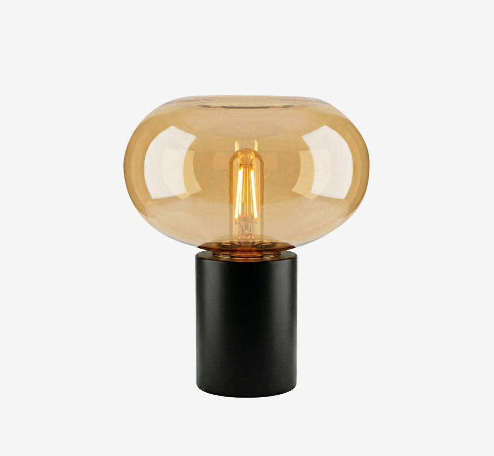 Glass Mushroom Table Lamp - Mid-Century Modern Bedside Light with Matte Black Base - Vintage Ambient Desktop Lighting for Bedroom, Living Room & Home Office