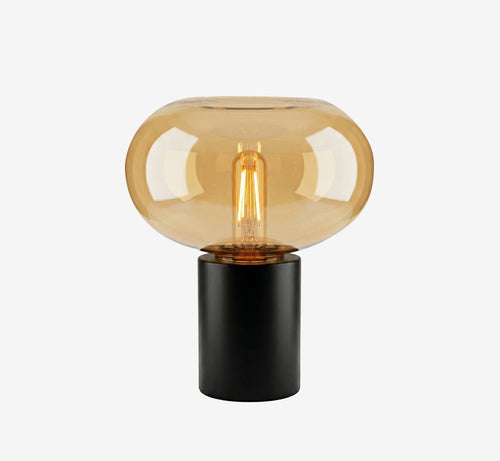 Glass Mushroom Table Lamp - Mid-Century Modern Bedside Light with Matte Black Base - Vintage Ambient Desktop Lighting for Bedroom, Living Room & Home Office