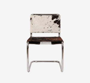 Mid-Century Modern Cantilever Chair in Genuine Cowhide – Chrome Bauhaus Dining Chair with Pony Hair