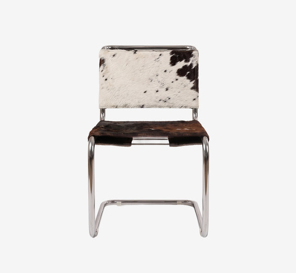 Mid-Century Modern Cantilever Chair in Genuine Cowhide – Chrome Bauhaus Dining Chair with Pony Hair