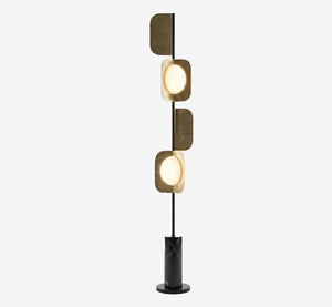 Modern Mid-Century Sculptural Floor Lamp | Staggered Brass Panel Standing Light with Black Marble Base