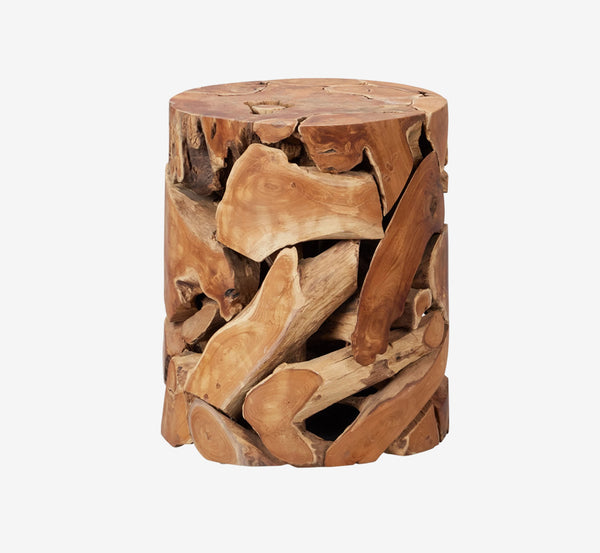 Handcrafted Teak Slice Round End Table - Solid Wood Drum Side Table in Warm Natural Finish