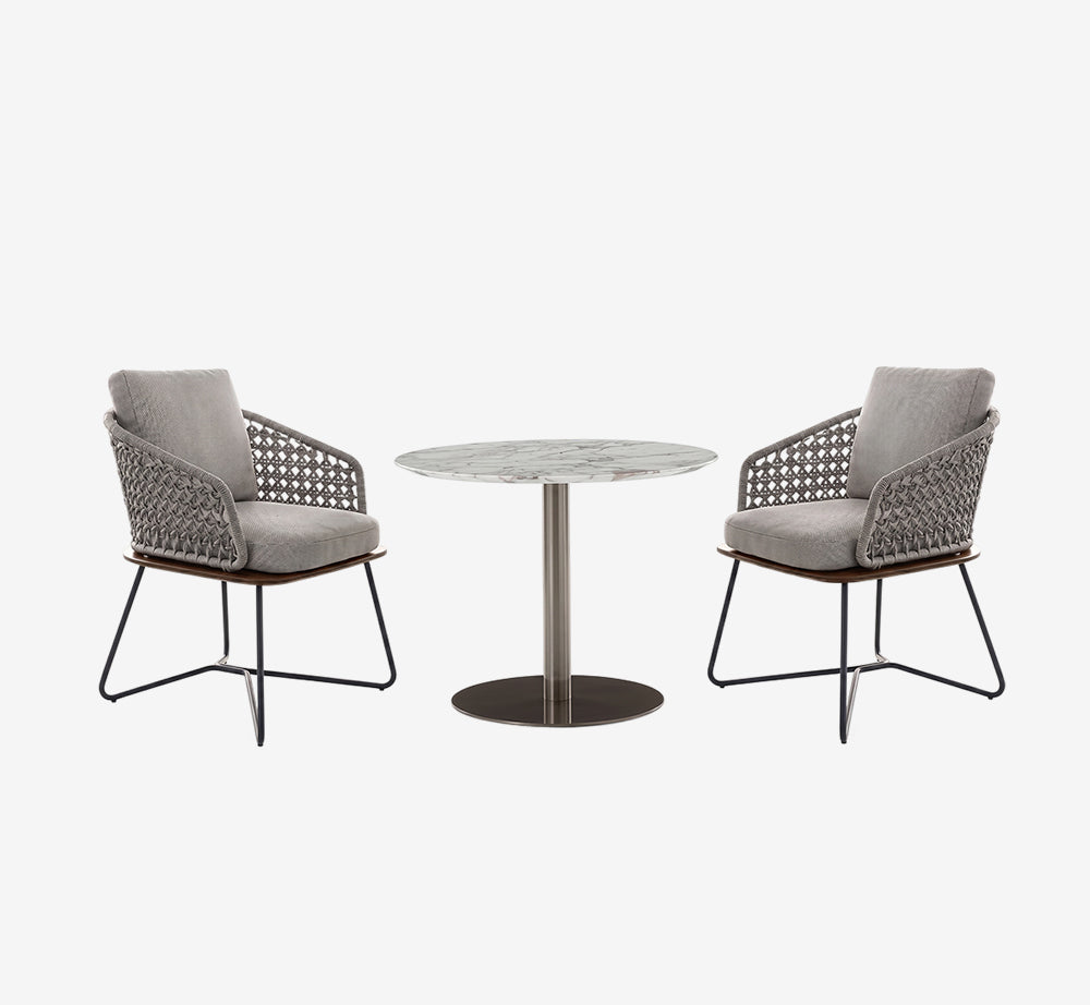 Modern 3-Piece Woven Patio Bistro Set - Luxury Marble Top Table & Ergonomic Grey Rope Chairs with Cushions
