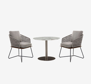 Modern 3-Piece Woven Patio Bistro Set - Luxury Marble Top Table & Ergonomic Grey Rope Chairs with Cushions