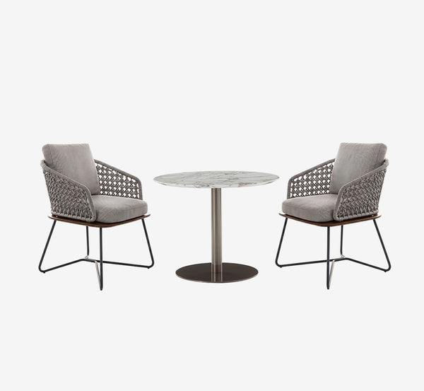 Modern 3-Piece Woven Patio Bistro Set - Luxury Marble Top Table & Ergonomic Grey Rope Chairs with Cushions