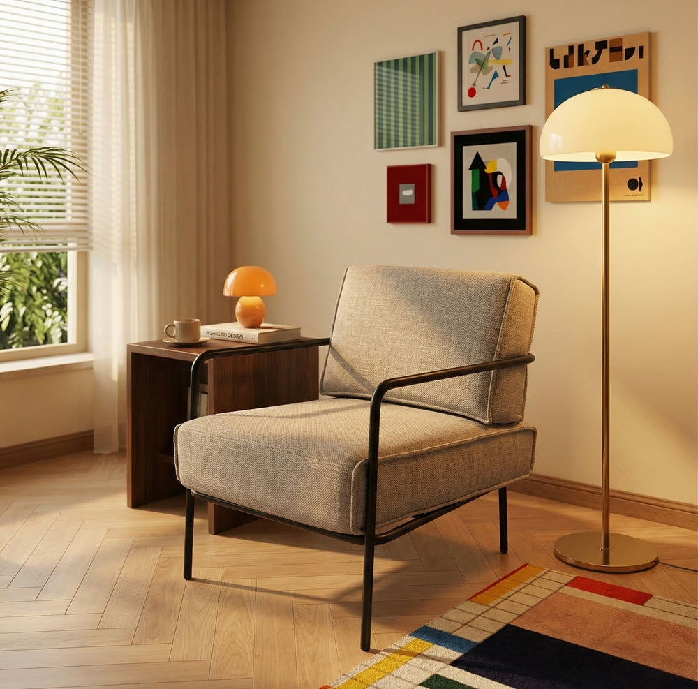 Modern Minimalist Upholstered Accent Chair with Black Metal Frame - Beige