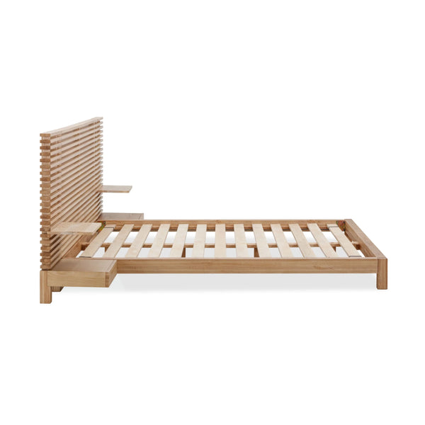 Modern Scandinavian Solid Wood Bed Frame | Slat Wall Bed with Floating Bedside Tables