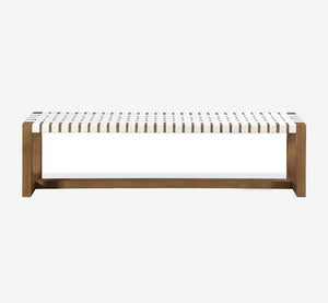 Modern Woven Entryway Bench with Solid Wood Frame, White Strapping Bed End Bench for Bedroom and Hallway