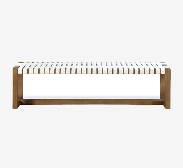 Modern Woven Entryway Bench with Solid Wood Frame, White Strapping Bed End Bench for Bedroom and Hallway