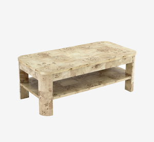 Modern Mappa Burl Wood Coffee Table with Storage Shelf | Rounded Corner Center Table