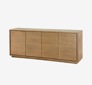 Modern 4-Door Solid Wood Sideboard - Large Oak Finish Buffet Cabinet with Minimalist Plinth Base - Contemporary Credenza for Dining & Living Room