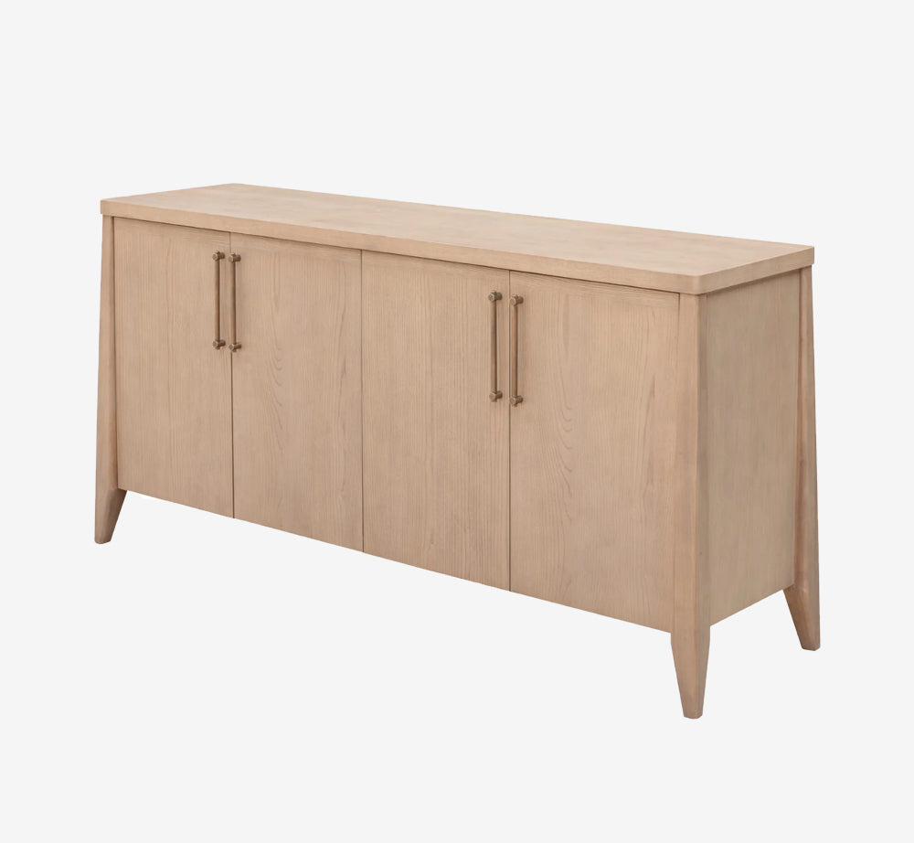 Modern Natural Oak 4-Door Sideboard with Tapered Legs and Brass Handles