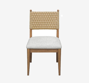 Coastal Woven Rope Back Dining Chair with Upholstered Seat and Solid Wood Frame