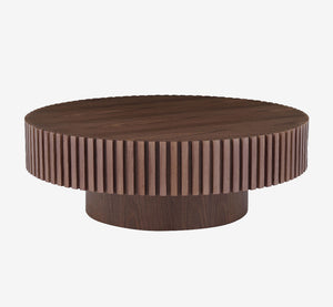 35.4" Round Fluted Drum Coffee Table - Walnut Finish Mushroom Pedestal Table for Small Spaces