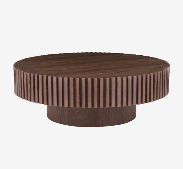 35.4" Round Fluted Drum Coffee Table - Walnut Finish Mushroom Pedestal Table for Small Spaces