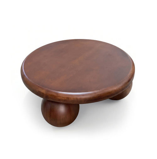 Modern Round Wood Coffee Table with Three Sphere Base – Sculptural Center Table