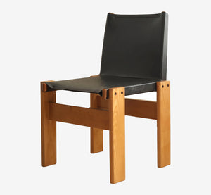 Modern Solid Wood Dining Chair with Black Leather Seat - Mid-Century Brutalist Accent Chair - Minimalist Timber Side Chair for Dining Room & Home Office