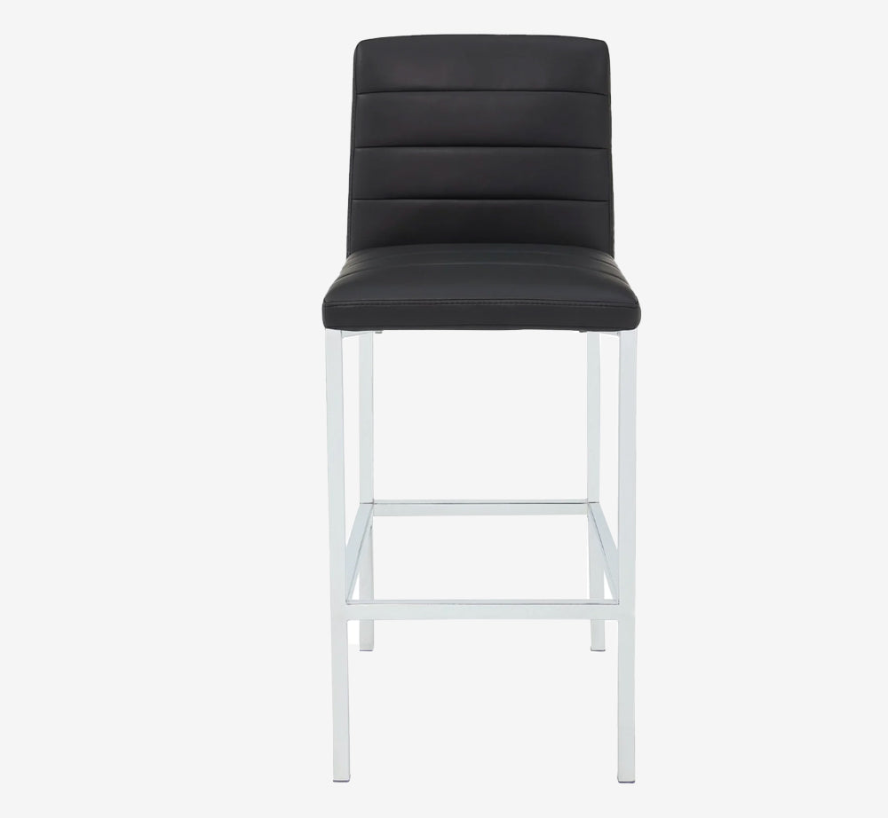 Modern Black Faux Leather Bar Stool with Chrome Frame and Channel Tufted Back