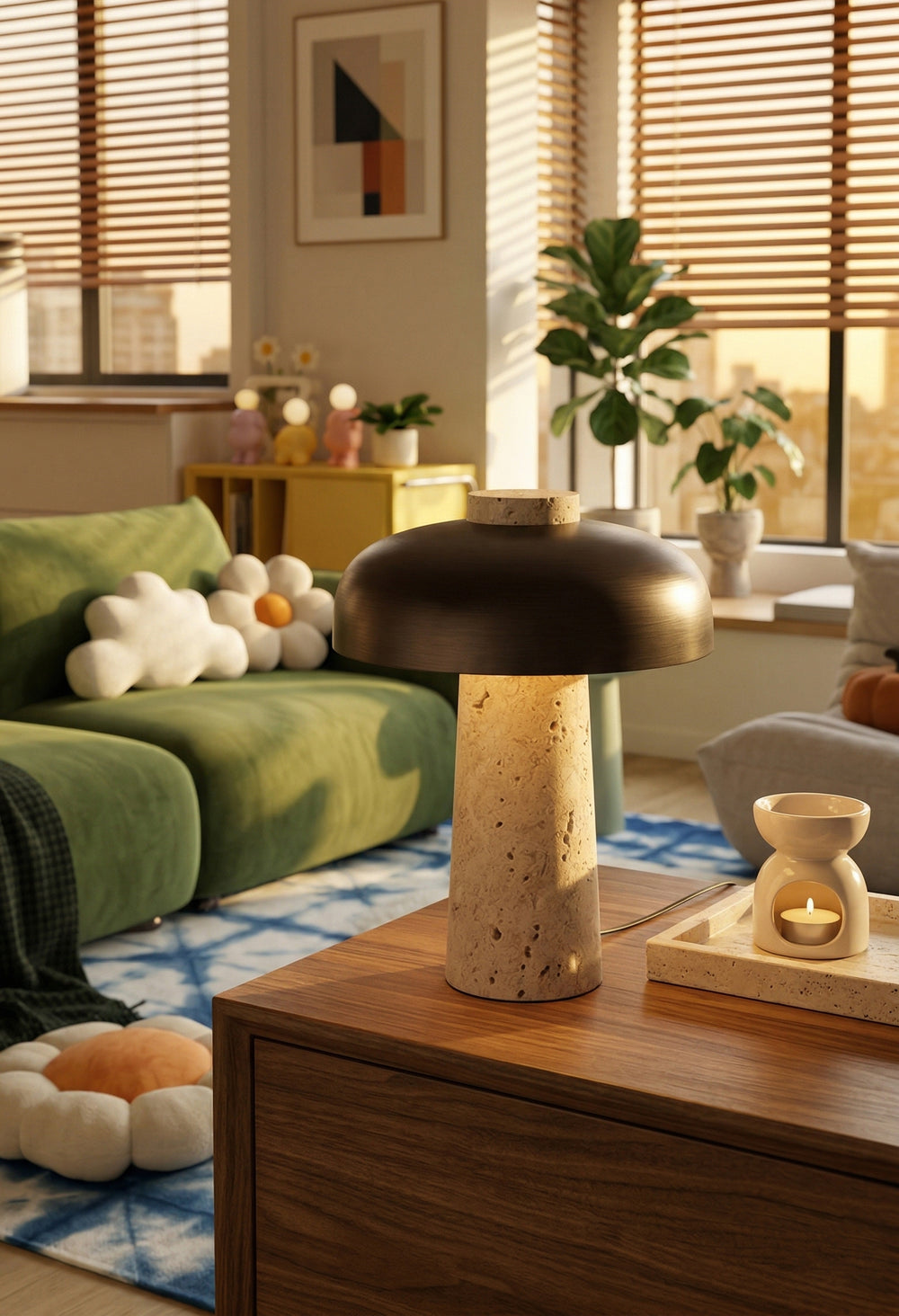 Modern Travertine Mushroom Table Lamp with Brushed Metal Dome Shade - Natural Stone Bedside Light