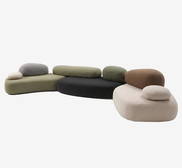 Modern Pebble Modular Sofa – Organic Shaped Bouclé Sectional – Earth Tone Stone-Inspired Living Room Landscape