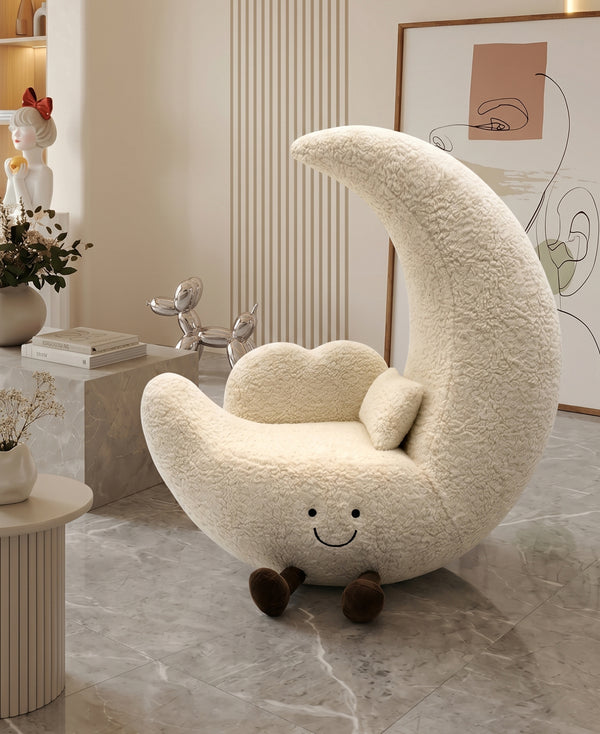 Whimsical Crescent Moon Accent Chair – Fluffy Sherpa Kids Reading Sofa – Kawaii Smiley Moon Lounge Seating for Nursery