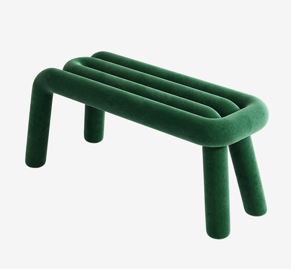 Modern Emerald Green Velvet Tubular Bench | Sculptural Link Design Entryway Stool | Avant-Garde Hallway Seating