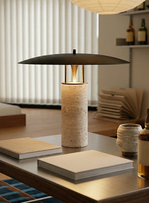 Minimalist Travertine Mushroom Table Lamp – Modern Brutalist Stone Desk Light with Matte Black Shade
