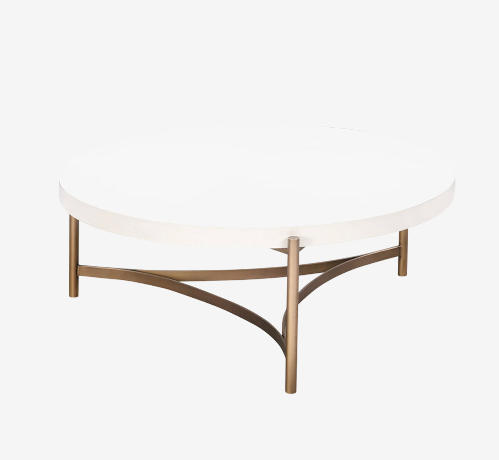Modern Industrial Coffee Table - Circular White Faux Concrete Top with Black Metal Frame