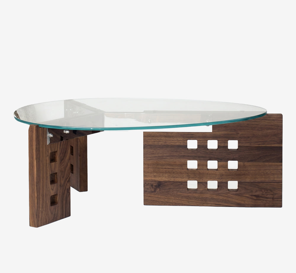 Modern Architectural Walnut Coffee Table with Triangle Tempered Glass Top & Geometric Cutout Base