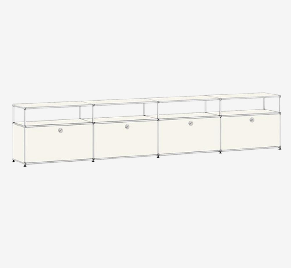 Modern Modular Lowboard TV Stand – 4-Bay Chrome Frame Media Console – Industrial Metal Sideboard with Drop-Down Doors