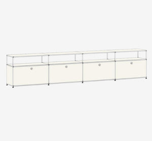 Modern Modular Lowboard TV Stand – 4-Bay Chrome Frame Media Console – Industrial Metal Sideboard with Drop-Down Doors