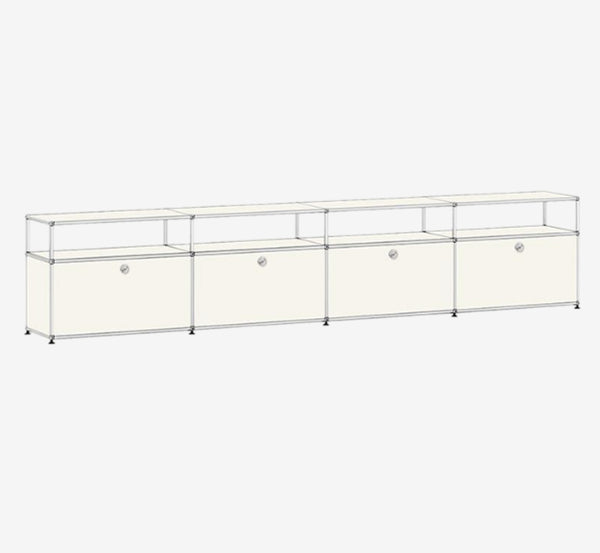 Modern Modular Lowboard TV Stand – 4-Bay Chrome Frame Media Console – Industrial Metal Sideboard with Drop-Down Doors