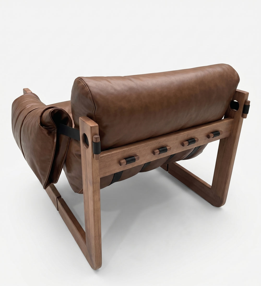 Modern Ash Wood Lounge Chair in Tobacco Oil Wax Leather - Architectural Accent Chair with Draped Armrests