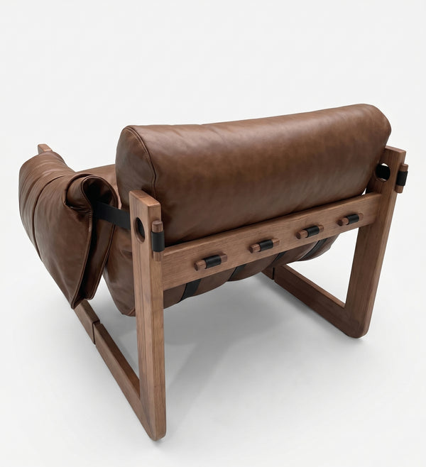 Modern Ash Wood Lounge Chair in Tobacco Oil Wax Leather - Architectural Accent Chair with Draped Armrests