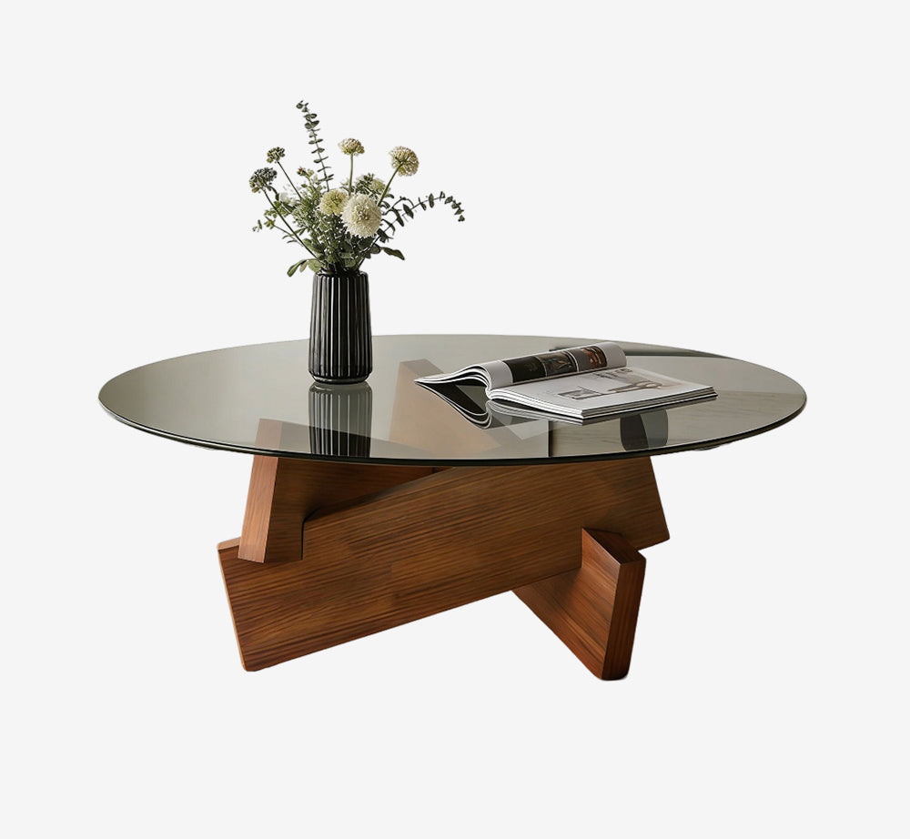 Modern Round Coffee Table for Living Room, 27.5" x 27.5" x 12.2" Mid Century Center Table with Tempered Glass Top and Wood, Walnut