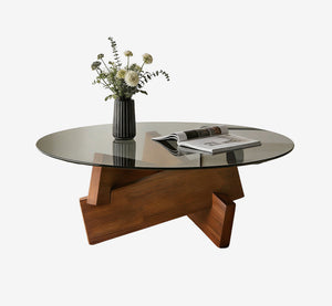 Modern Round Coffee Table for Living Room, 27.5" x 27.5" x 12.2" Mid Century Center Table with Tempered Glass Top and Wood, Walnut