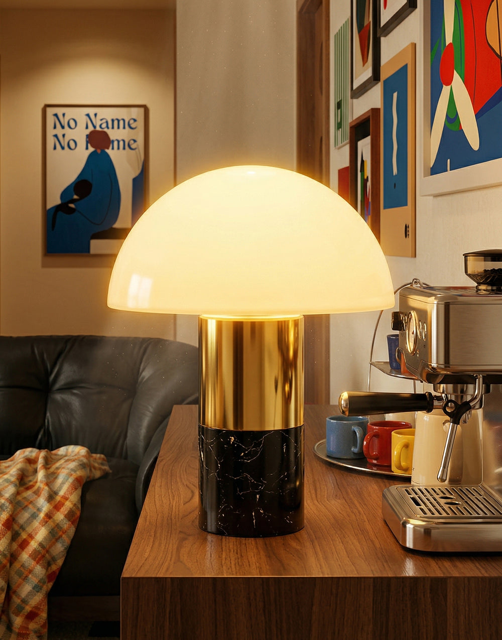 Modern Mushroom Table Lamp with Black Marble Base & Brushed Brass Finish - Mid-Century Dome Desk Light for Bedroom and Living Room