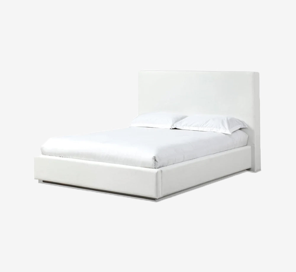 Minimalist White Linen Upholstered Platform Bed | Modern Fabric Bed Frame