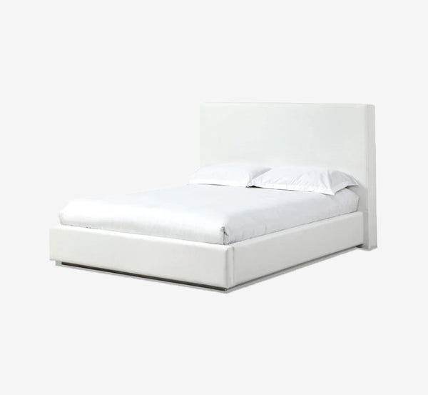Minimalist White Linen Upholstered Platform Bed | Modern Fabric Bed Frame