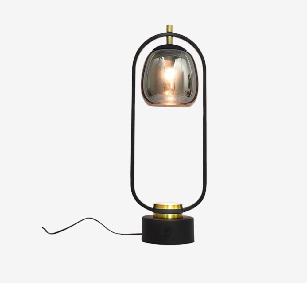 Modern Industrial Table Lamp – Smoky Glass Bell Shade with Matte Black Arch Frame & Brass Accents