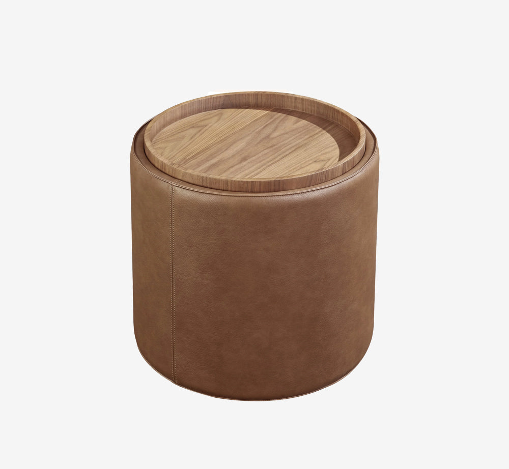 Modern Round Leather Storage Ottoman with Removable Walnut Wood Tray Top