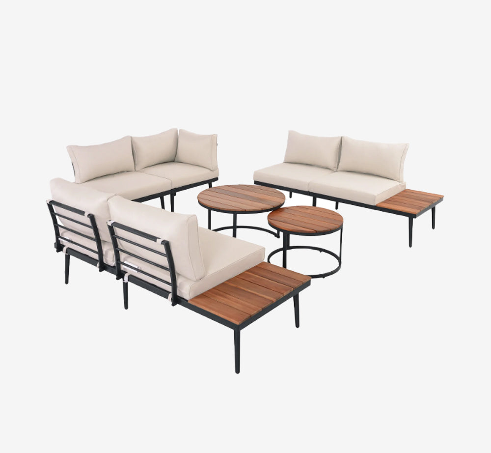 Modern Acacia Wood Outdoor Sectional Sofa Set – 6-Piece Patio Conversation Set with Coffee Tables
