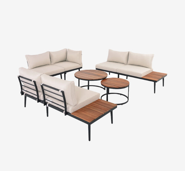 Modern Acacia Wood Outdoor Sectional Sofa Set – 6-Piece Patio Conversation Set with Coffee Tables