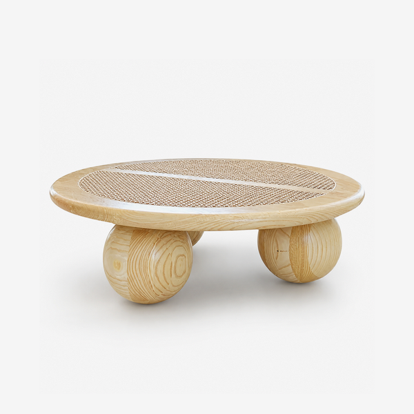 Modern Round Wood & Cane Coffee Table with Sphere Base – Japandi Center Table