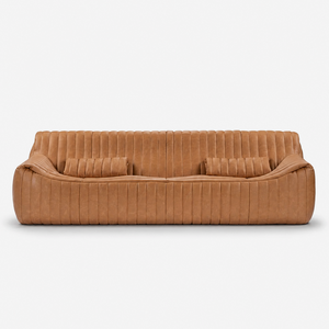 Industrial Vintage Oil Wax Leather Sofa – Modern Channel Tufted Upholstered Couch