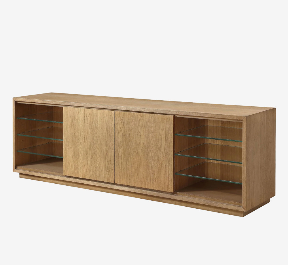 Modern Oak Wood Sideboard with Sliding Doors and Adjustable Glass Shelving