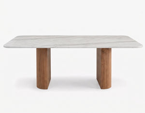 Modern Marble Dining Table with Fluted Oak Pedestal Base – Contemporary Rectangular Dining Table
