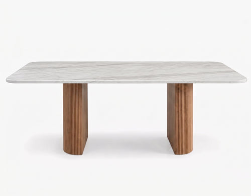 Modern Marble Dining Table with Fluted Oak Pedestal Base – Contemporary Rectangular Dining Table